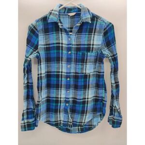Aeropostale Womens Blue Teal Plaid Button Down Cotton Shirt XS Long Sleeve